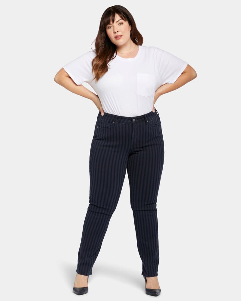 Front of a model wearing a size 14W Marilyn Straight Leg Pant in Tahoe Stripe by NYDJ. | dia_product_style_image_id:296170